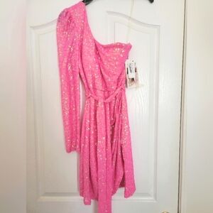 Honey and Rosie Pink Sequin Dress One Shoulder Waist Tie Wrap Mini NWT Medium